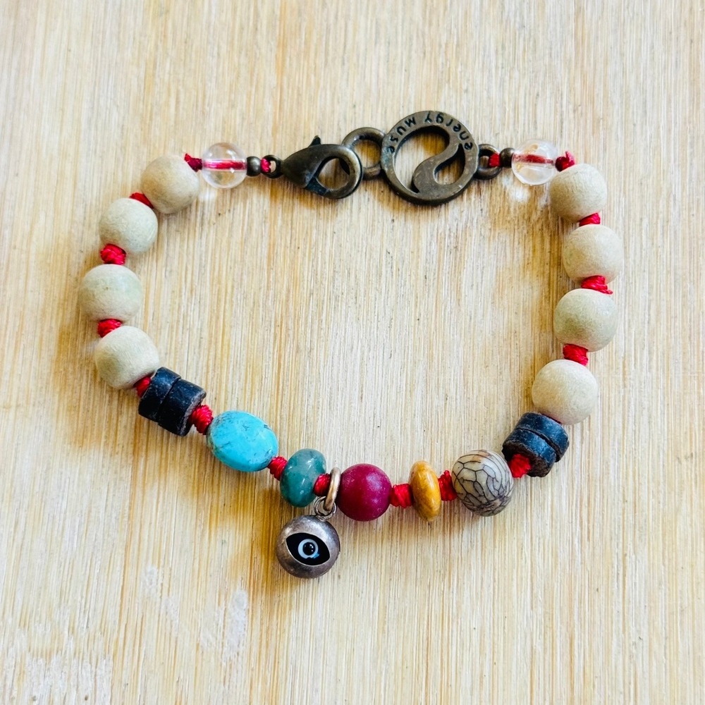 Energy Muse Signed Evil Eye Bracelet Turquoise Rock Quartz Natural Beaded 7"